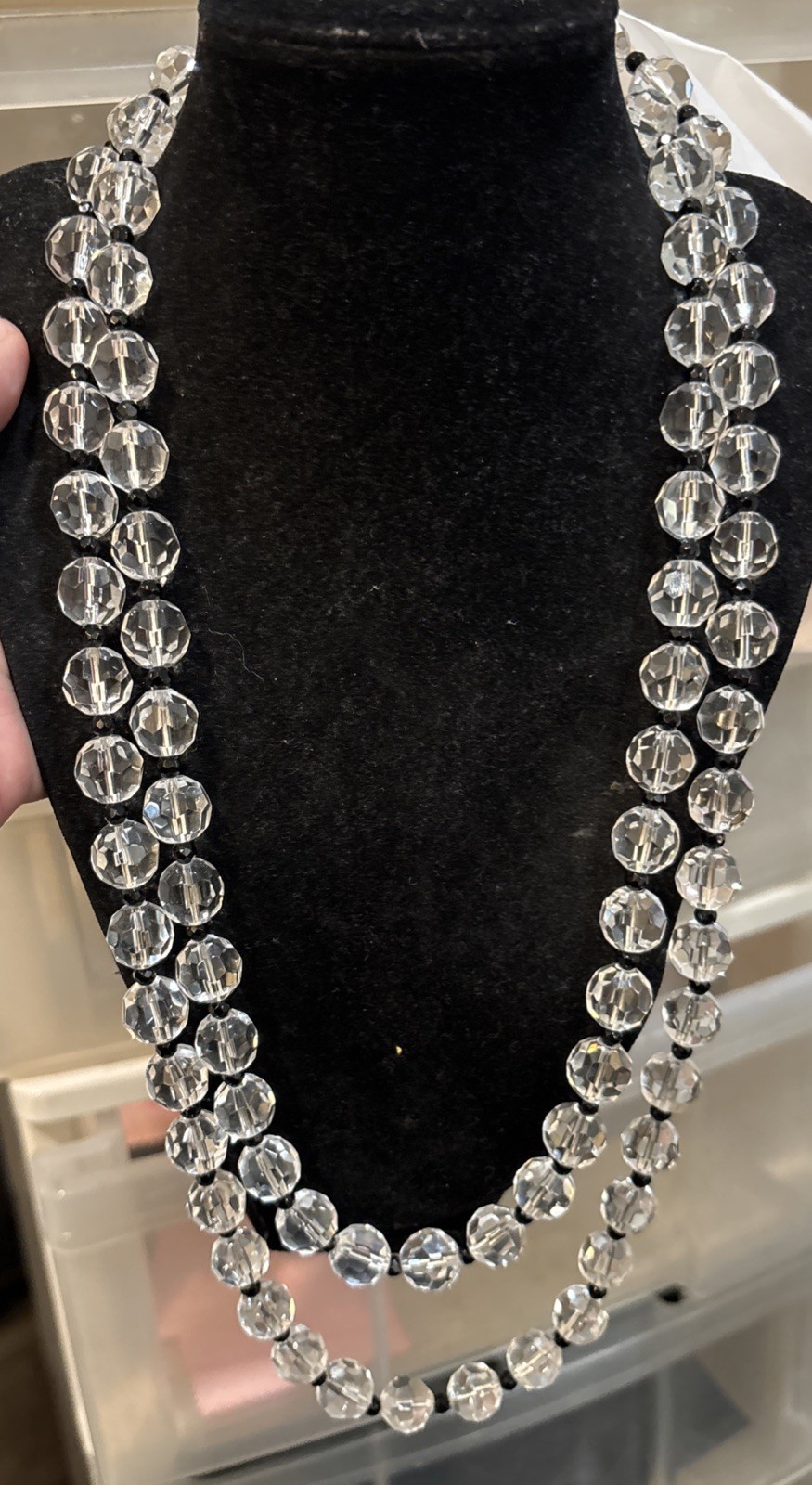Breathtaking Clear Black Crystal Bead Long Necklace Quality Unsigned 52”!!
