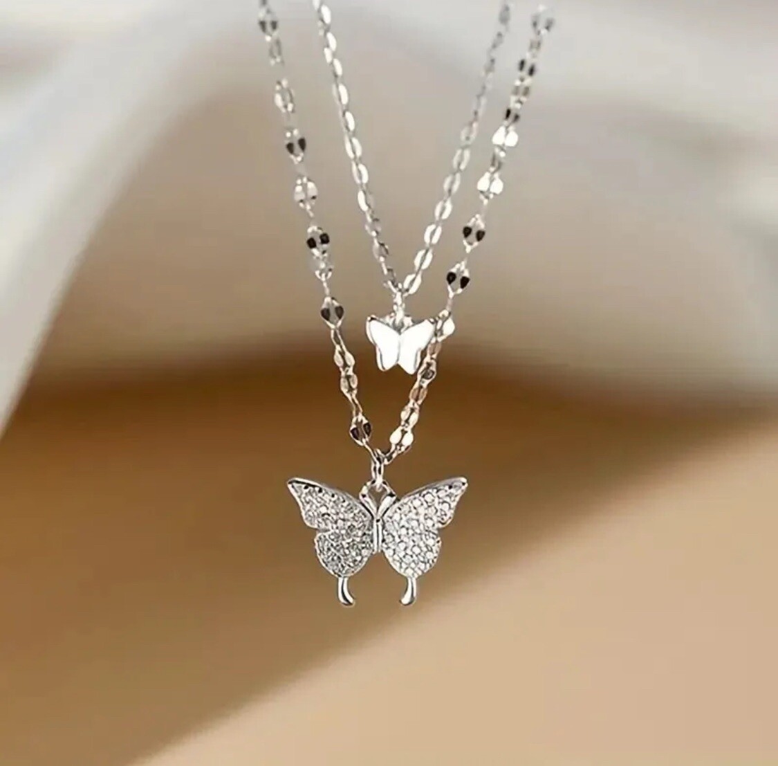 Sparkling Double Layer Butterfly Pendant Necklace Clavicle Chain Jewelry Fashion