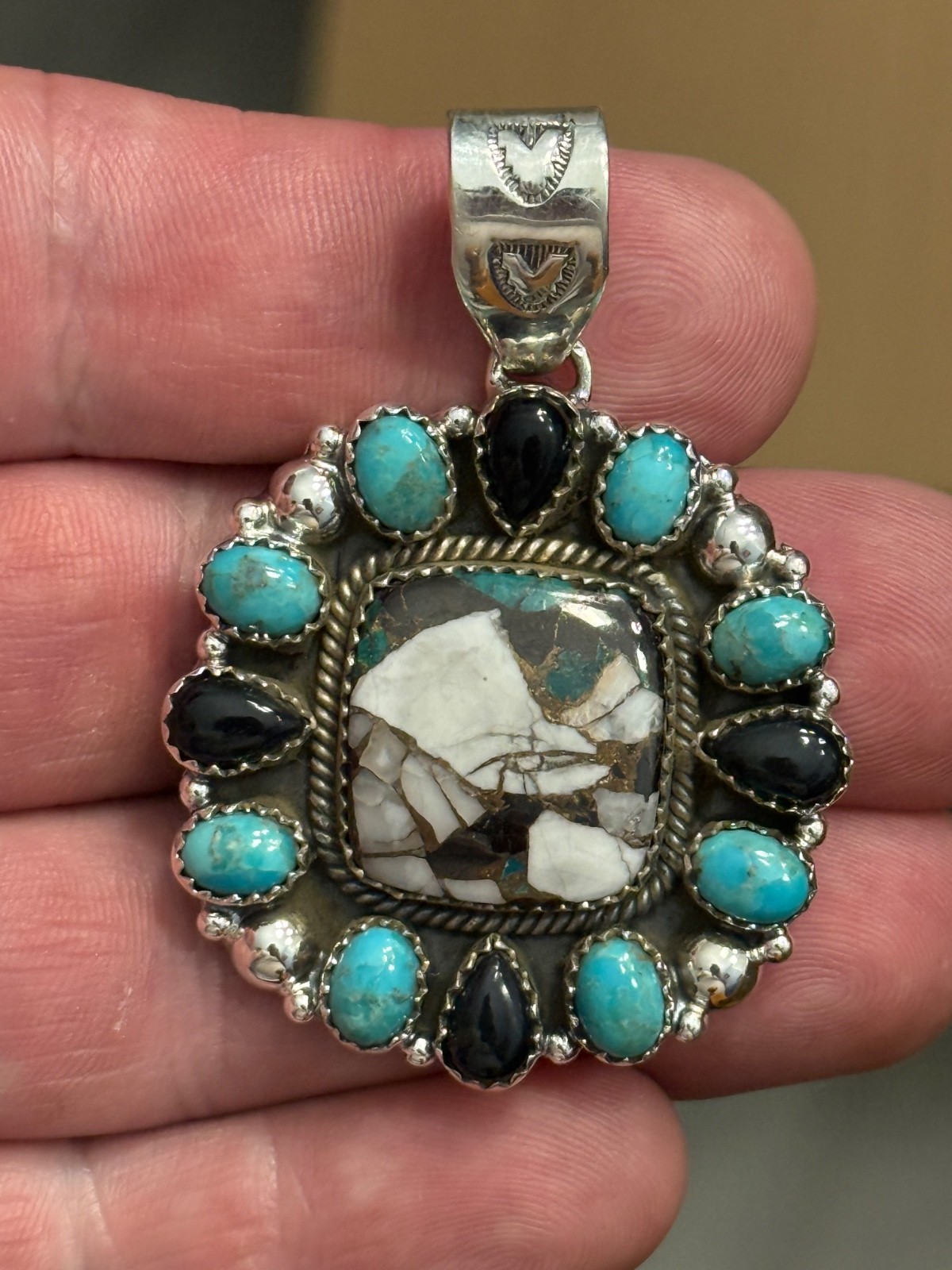 STERLING SILVER TURQUOISE WHITE BUFFALO MIX ONYX BIG CLUSTER DOME PENDANT .925