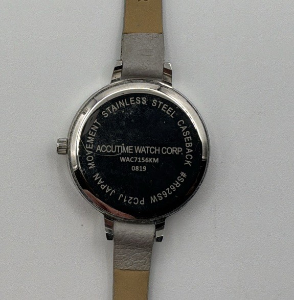Accutime Watch Corp Silver Tone Women’s Wristwatch Gray Faux Leather New Battery