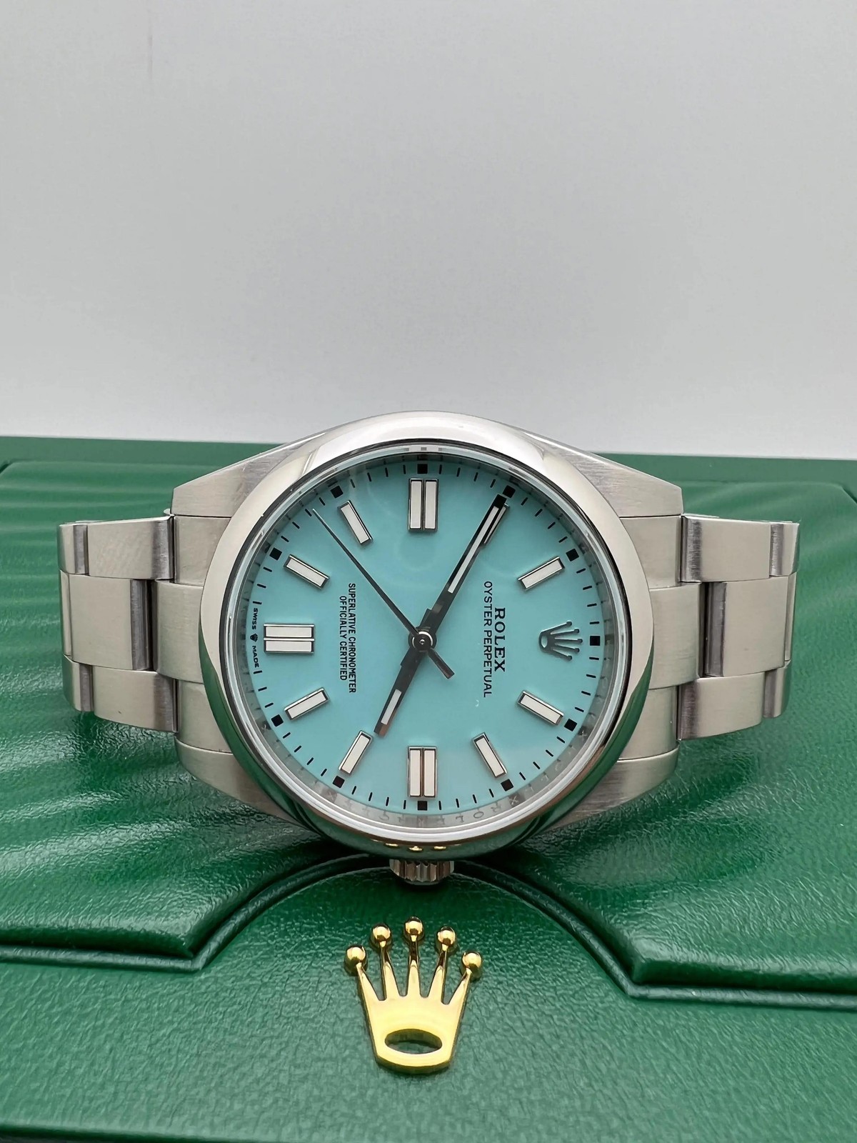 Rolex Oyster Perpetual 114300 39mm Custom Turquoise Dial Box Papers 124300 Style