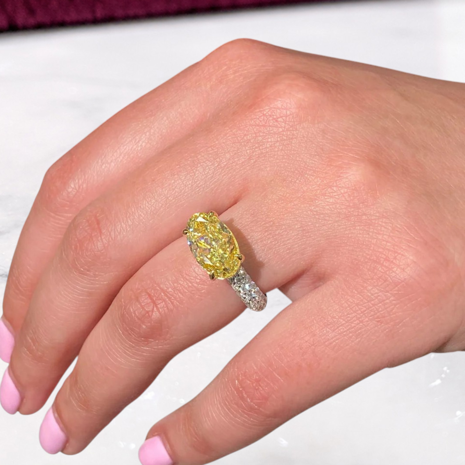 14K Multi Gold Diamond Ring Fancy Vivid Yellow IGI Lab Created 5.40 CT Oval Cut