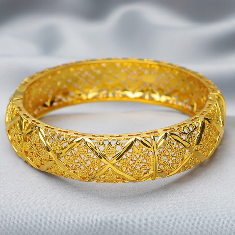 24k Yellow Gold Women’s 16mm Floral Small 7″ Opening Bracelet w Gift Pkg D793