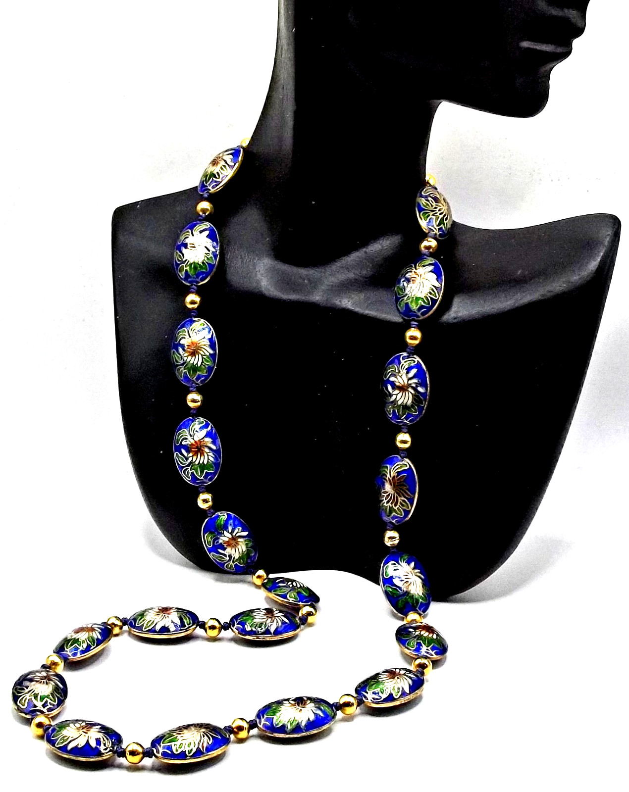 Vintage Chinese Export Blue Cloisonne Enamel Flat Oval Beads Beaded Necklace