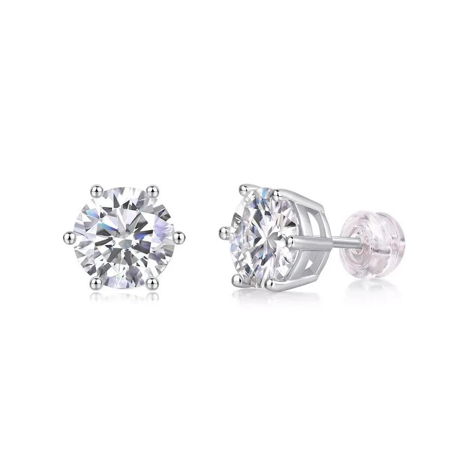 Round Cut Natural Diamond Women’s 6 Prong Set Stud Earrings 14k White Gold