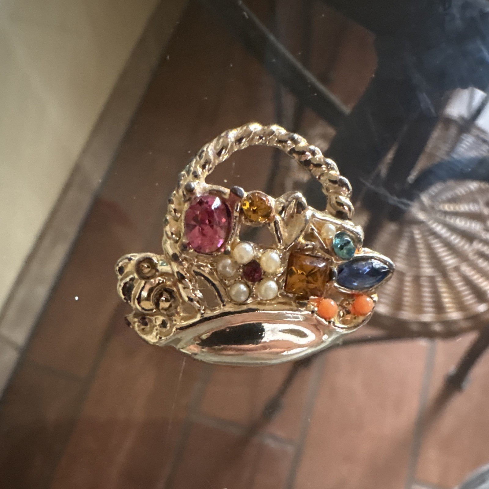 Gold Tone Basket Brooch Pin w/ Multicolor Oval Rhinestones vintage 1950-1970