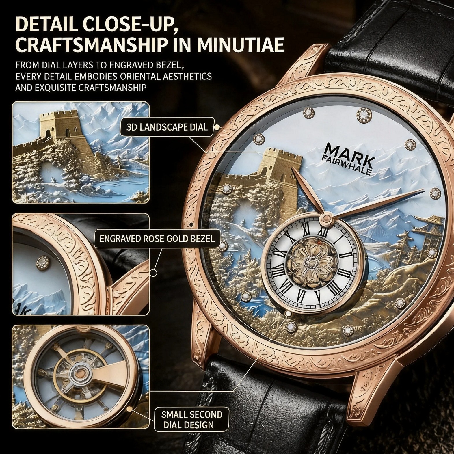 Mark Fairwhale Automatic Watch Men Great Wall Luxury Mechanical Luminous Leather