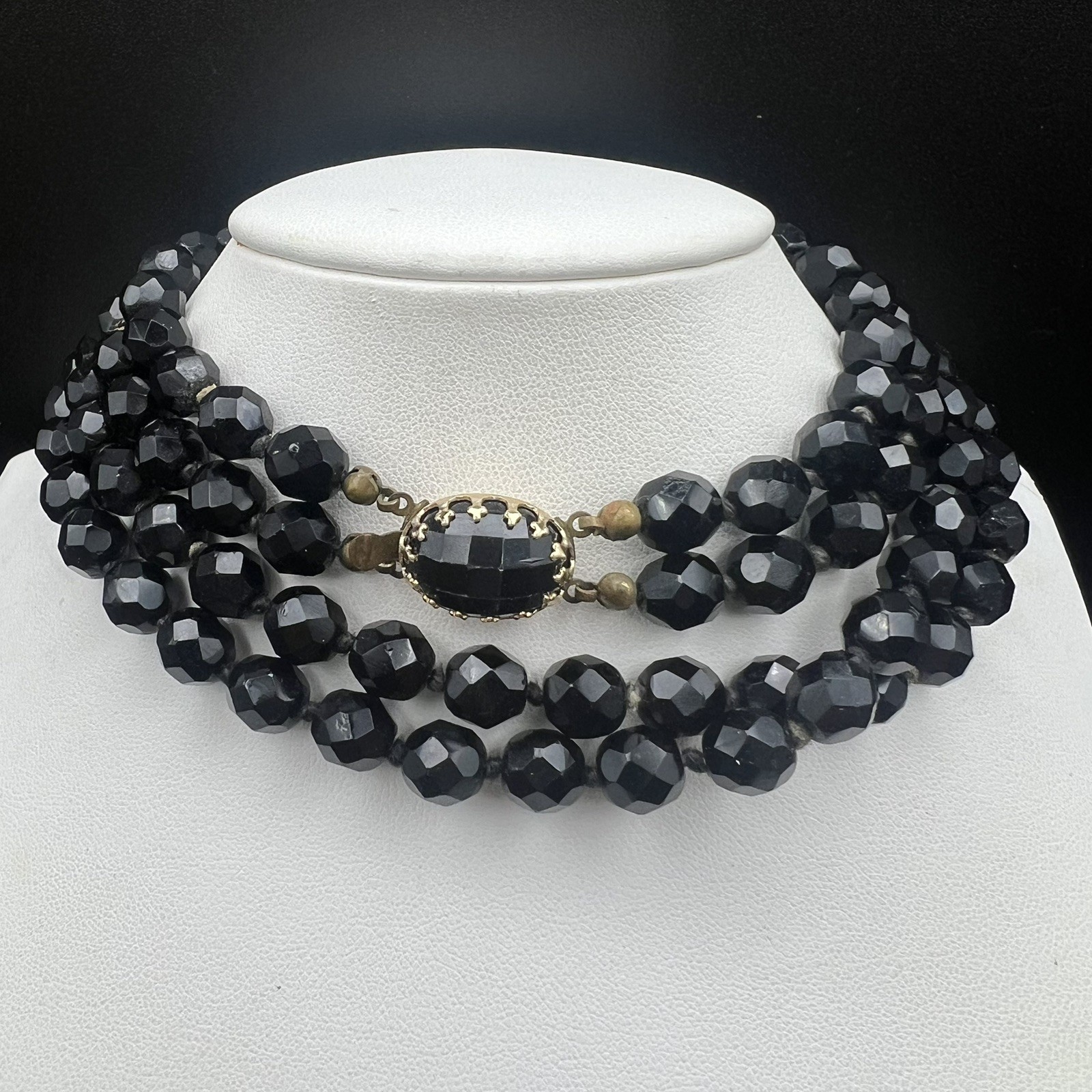 Vintage Faceted Jet Black Glass Double Strand Beaded Necklace Made in Austria