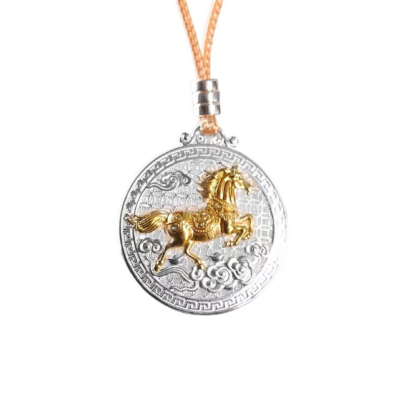 Pure S999 Fine Silver Men Women Enamel Circle Horse Pendant 13-14g 33*30mm