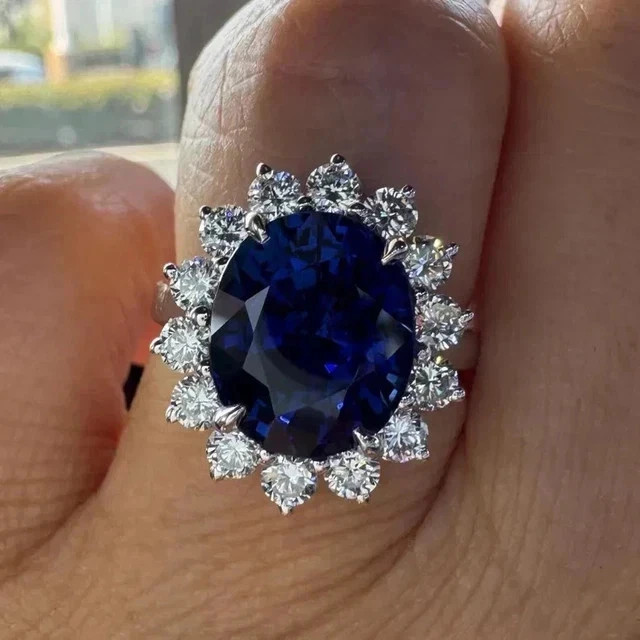 5.20Ct Oval Cut Natural Blue Sapphire & Diamond Solid 14K White Gold Luxury Ring