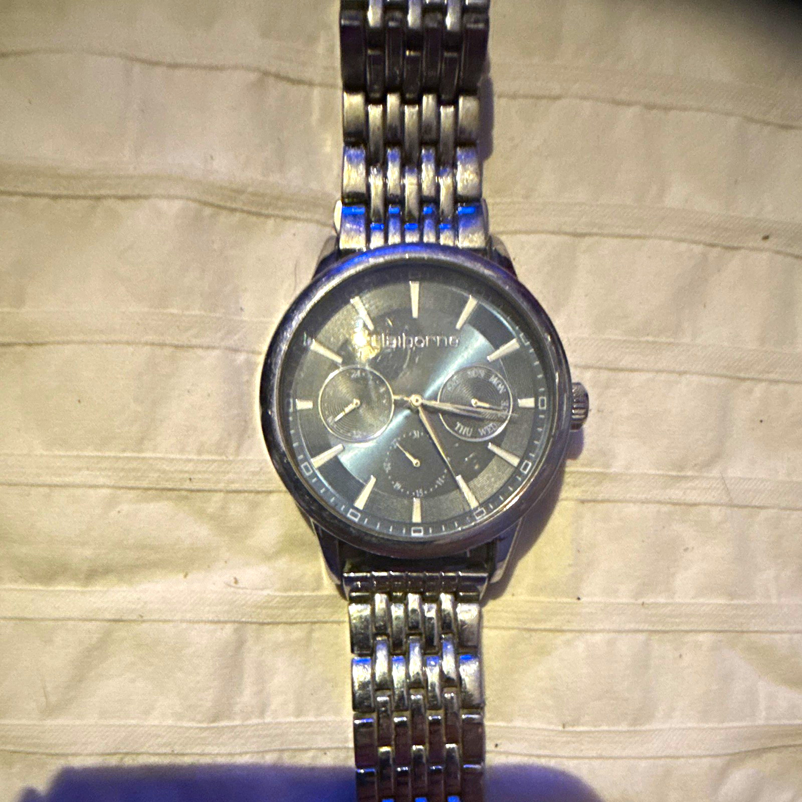 Claiborne Men’s Quartz Analog Multifunction Watch Blue Dial Silver Bracelet