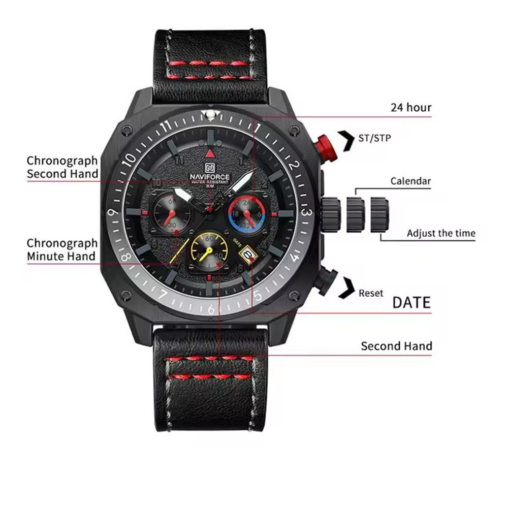 NAVIFORCE Men Watches Military Chronograph Square Watch Leather Date Wristwatch