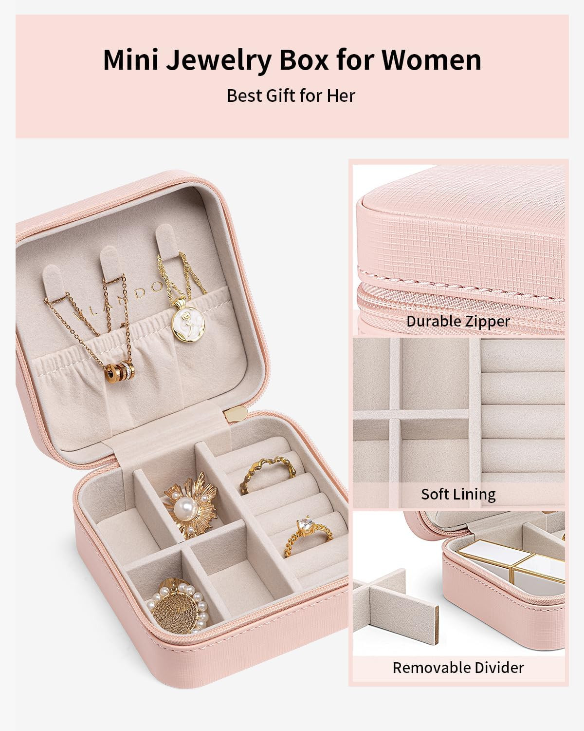 Pink Travel Jewelry Case Teacher Gift Organizer Box for Women Girls