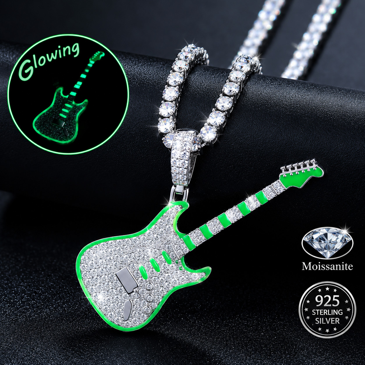 Glow in Dark Guitar Pendant 925 Sterling Silver Moissanite Music Jewelry