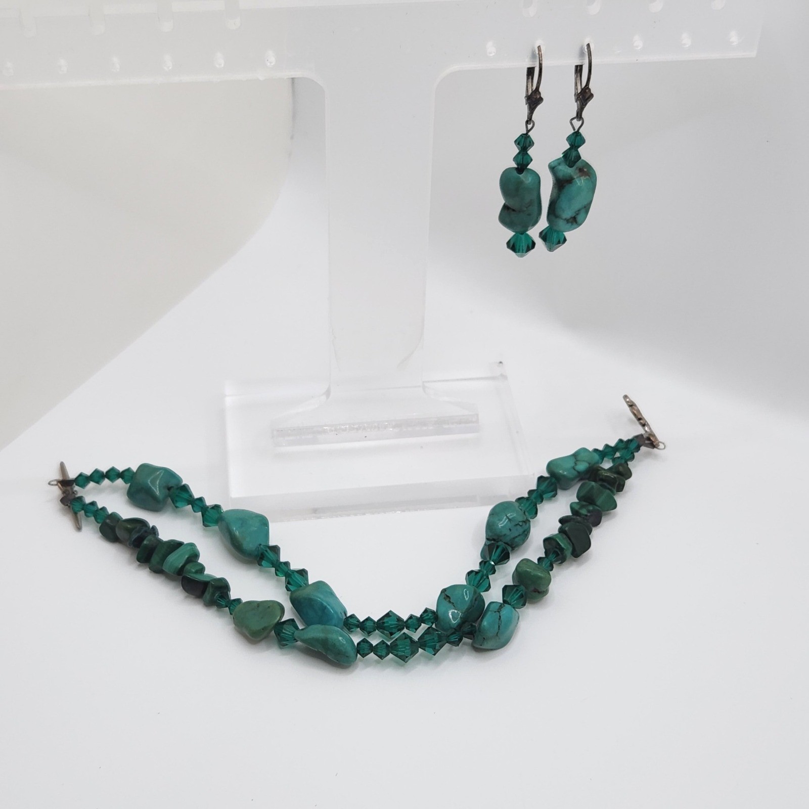 Boho Turquoise Malachite 925 Sterling Silver Bracelet Earrings Set Green Glass