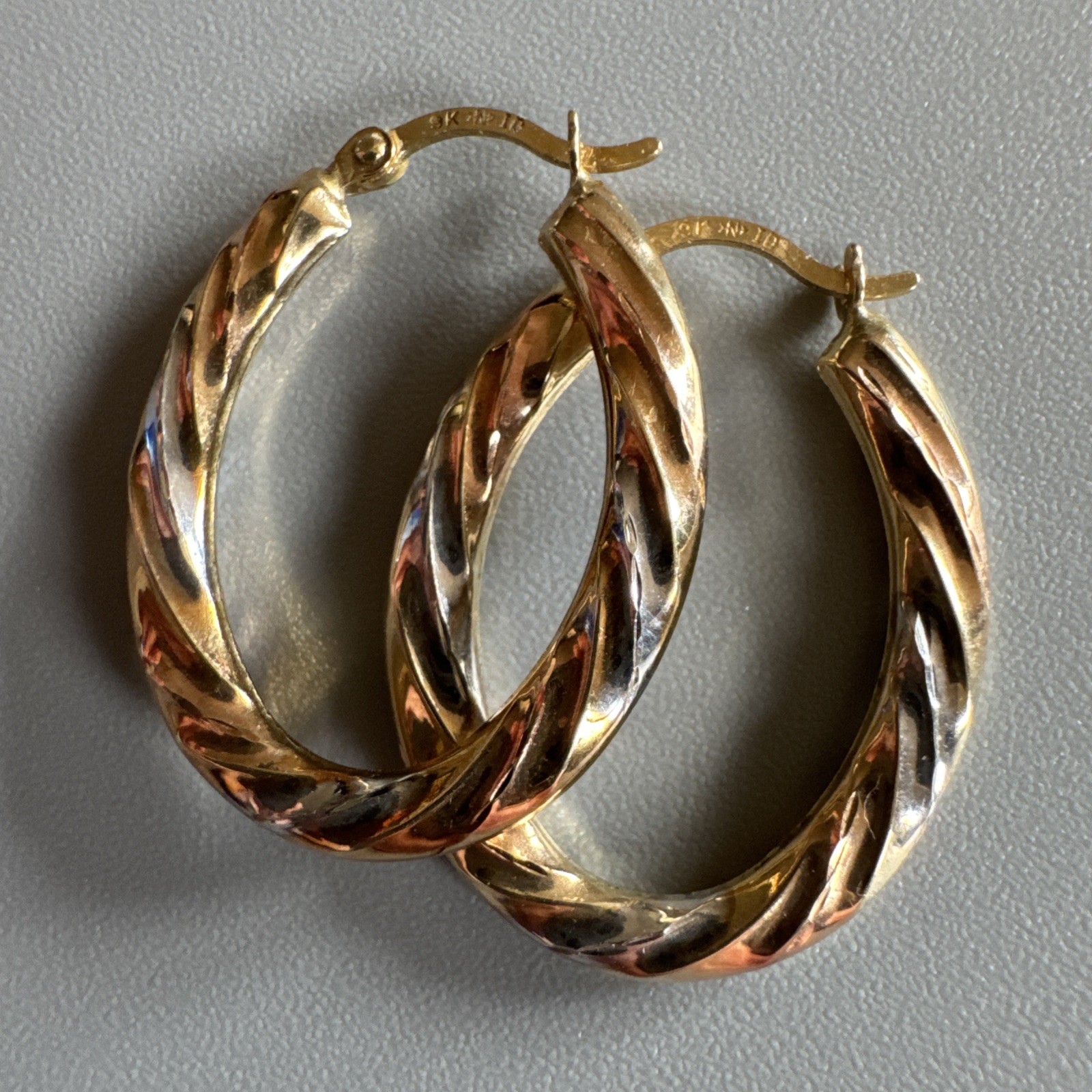 9ct Yellow, Rose & White Gold Twist Oval Creole Hoop Earrings 24.7mm Long 0.78g