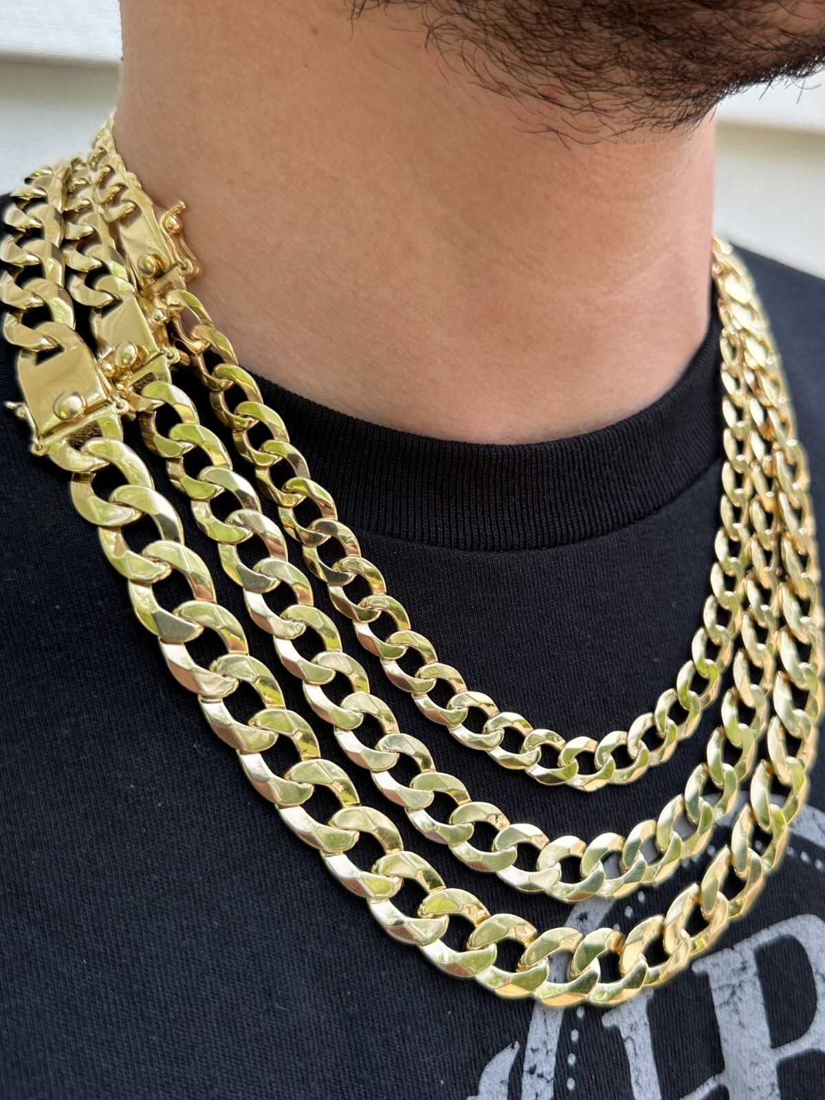 Flat Curb Cuban Link Chain Necklace Real 14k Gold Plated 925 Silver Box Clasp
