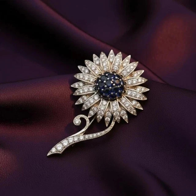 2.60Ct Round Cut Lab Created Sapphire Flower Brooch Pin 14K Yellow Gold Plated