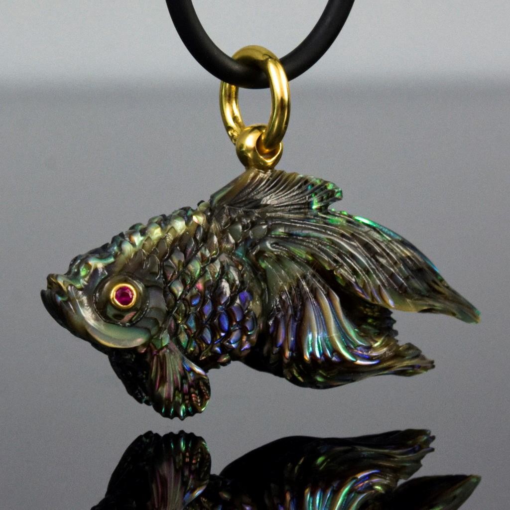 Gold Fish Pendant Carved Abalone Shell Gold Vermeil Sterling Silver Ruby 9.71g