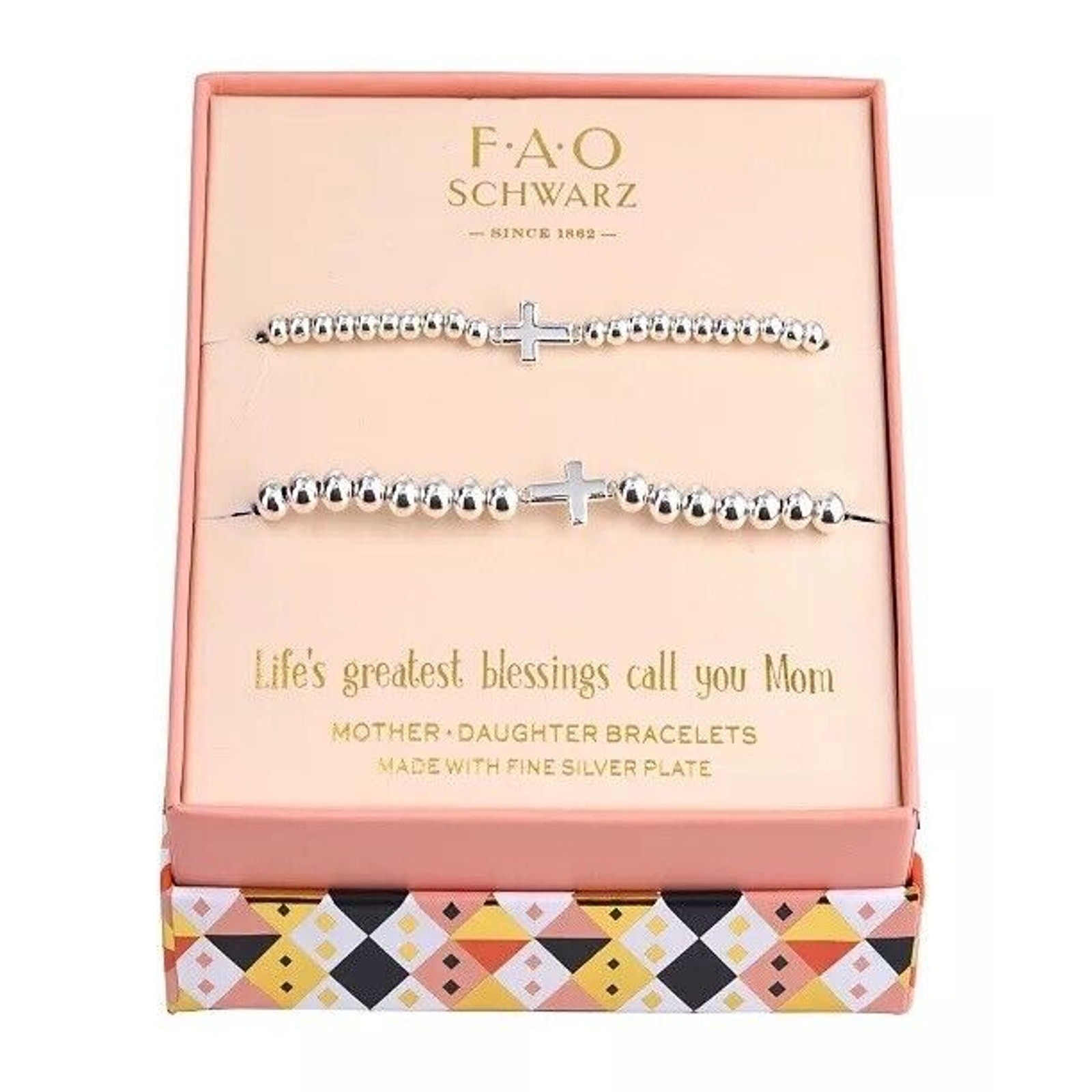 Silver Plated Mom Daughter Bracelet (2 Piece Set) Beaded Cross Gift For Mom NEW