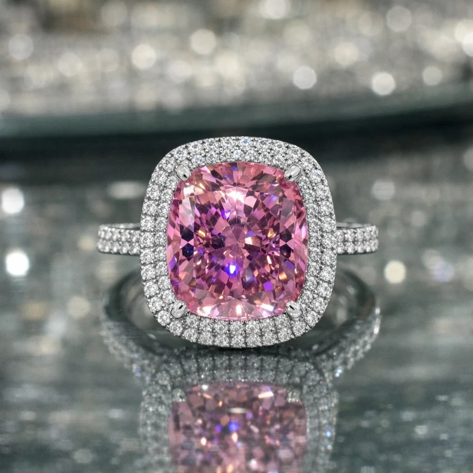 8.00 Ct Cushion Cut Natural Pink Sapphire & Diamond 14K White gold Luxury Rings