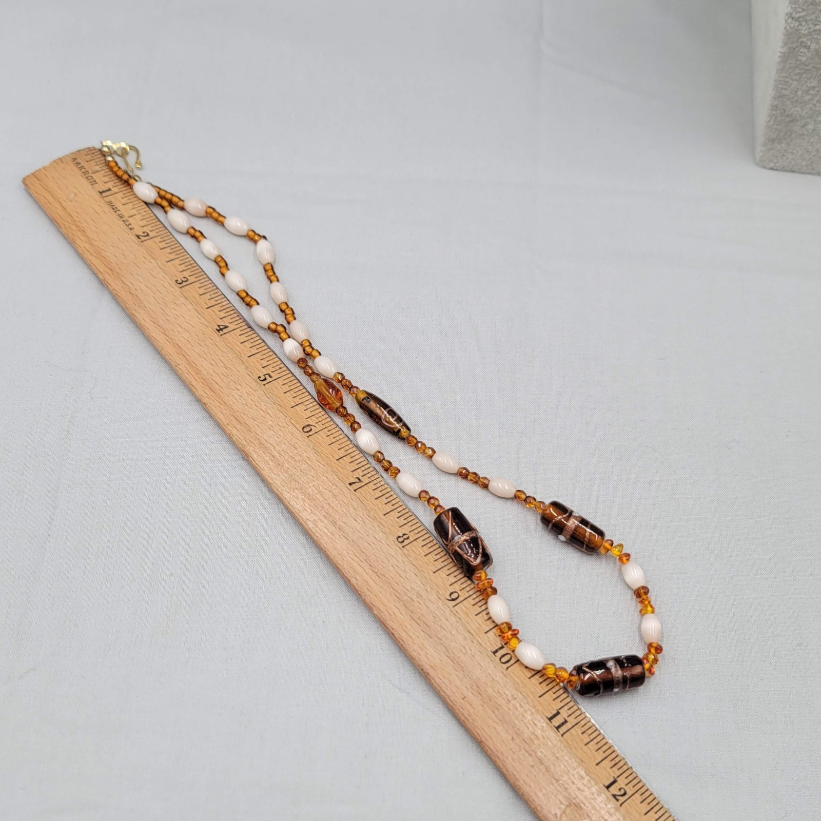 Artisan Multicolor Glass Bead Brown White Necklace 22 in