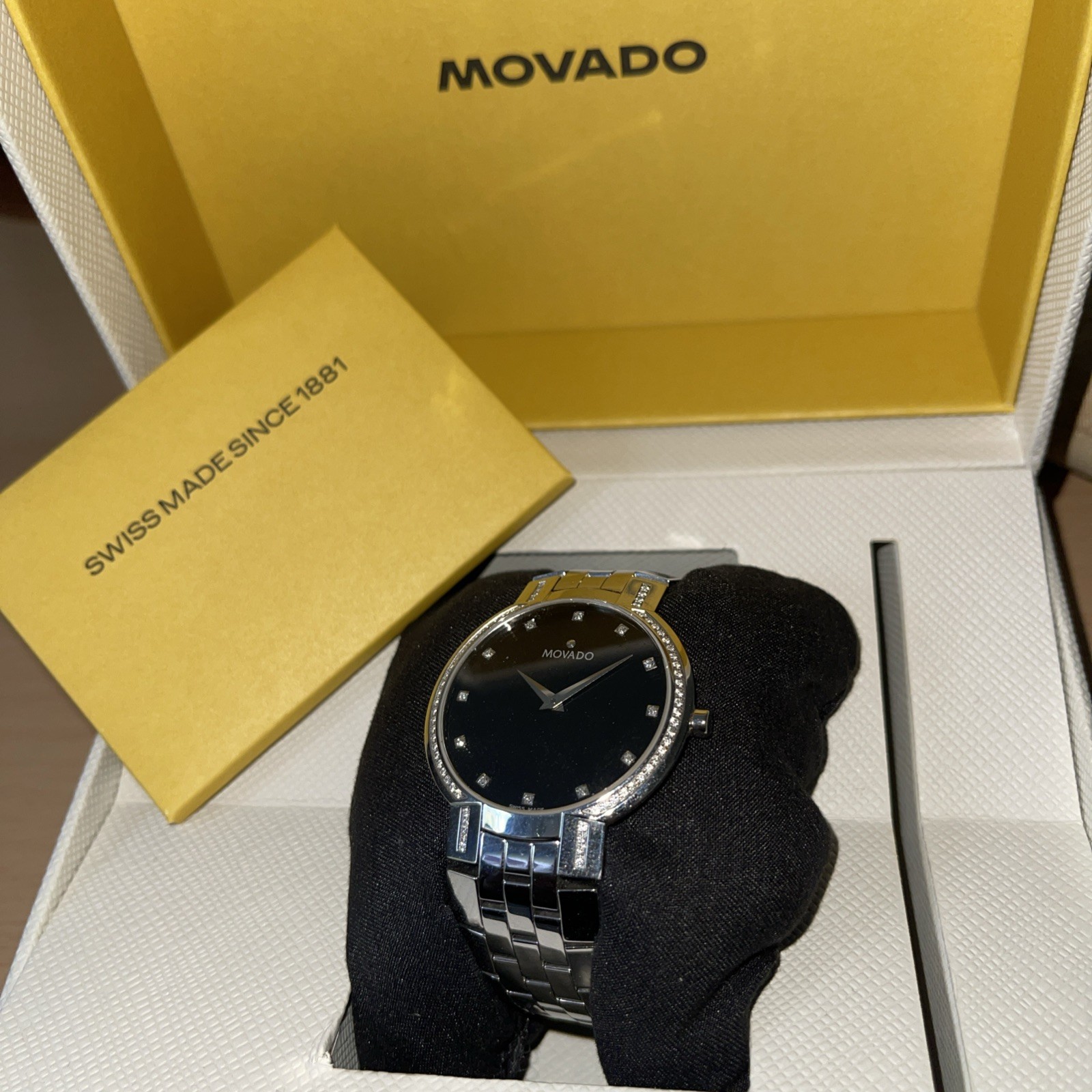 Womens Movado Faceto Black Dial Stainless Steel With Diamonds