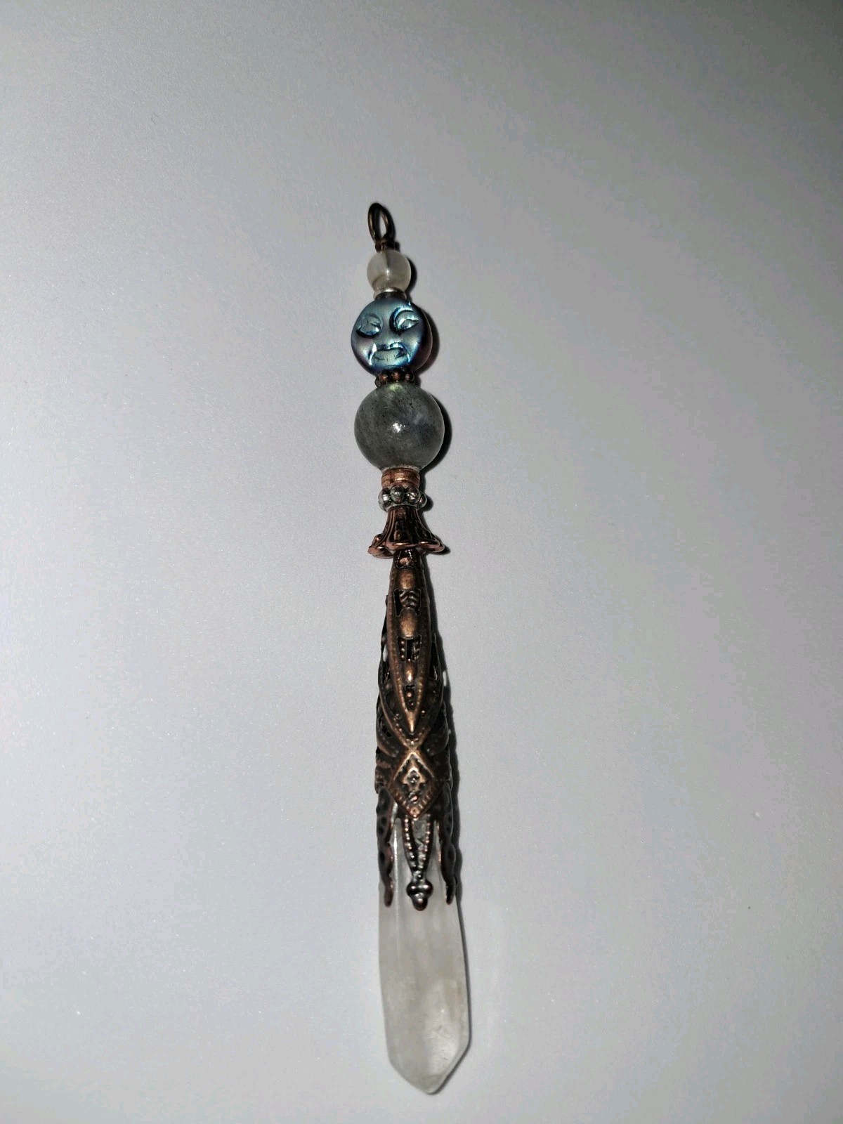 LABRADORITE R MOONSTONE & Glass Purple AB MOON FACE MILKY QUARTZ Crystal PENDANT