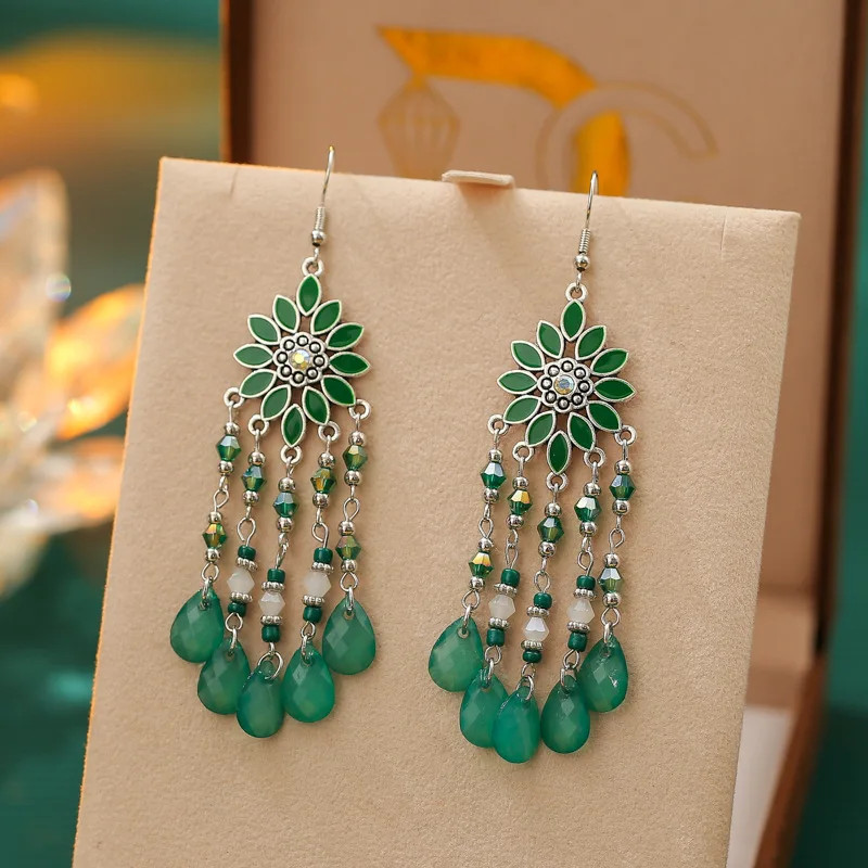 Bohemian Vacation Style Water Drop Tassel Earrings for Women Vintage Long Drop