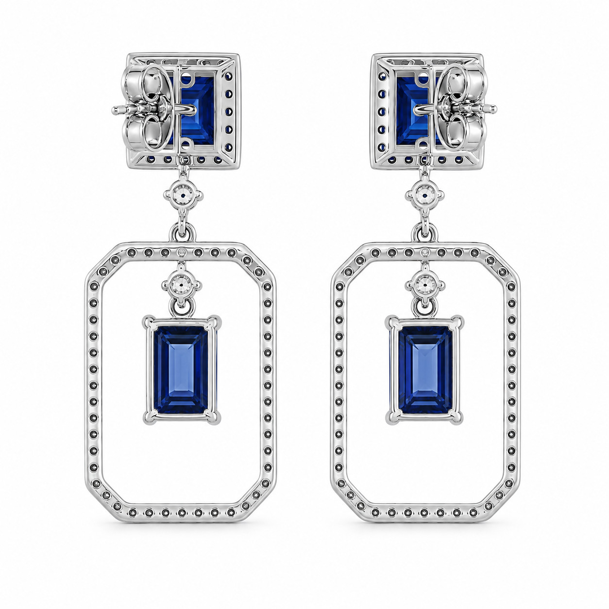 925 Sterling Silver Lab Grown Blue Sapphire Asscher Cut Moissanite Drop Earrings