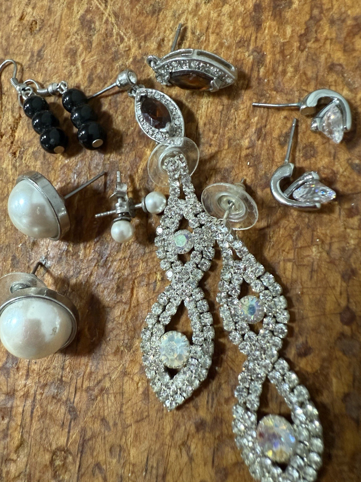 silver-tone clear round rhinestone dangle/drop & stud earrings mixed lot