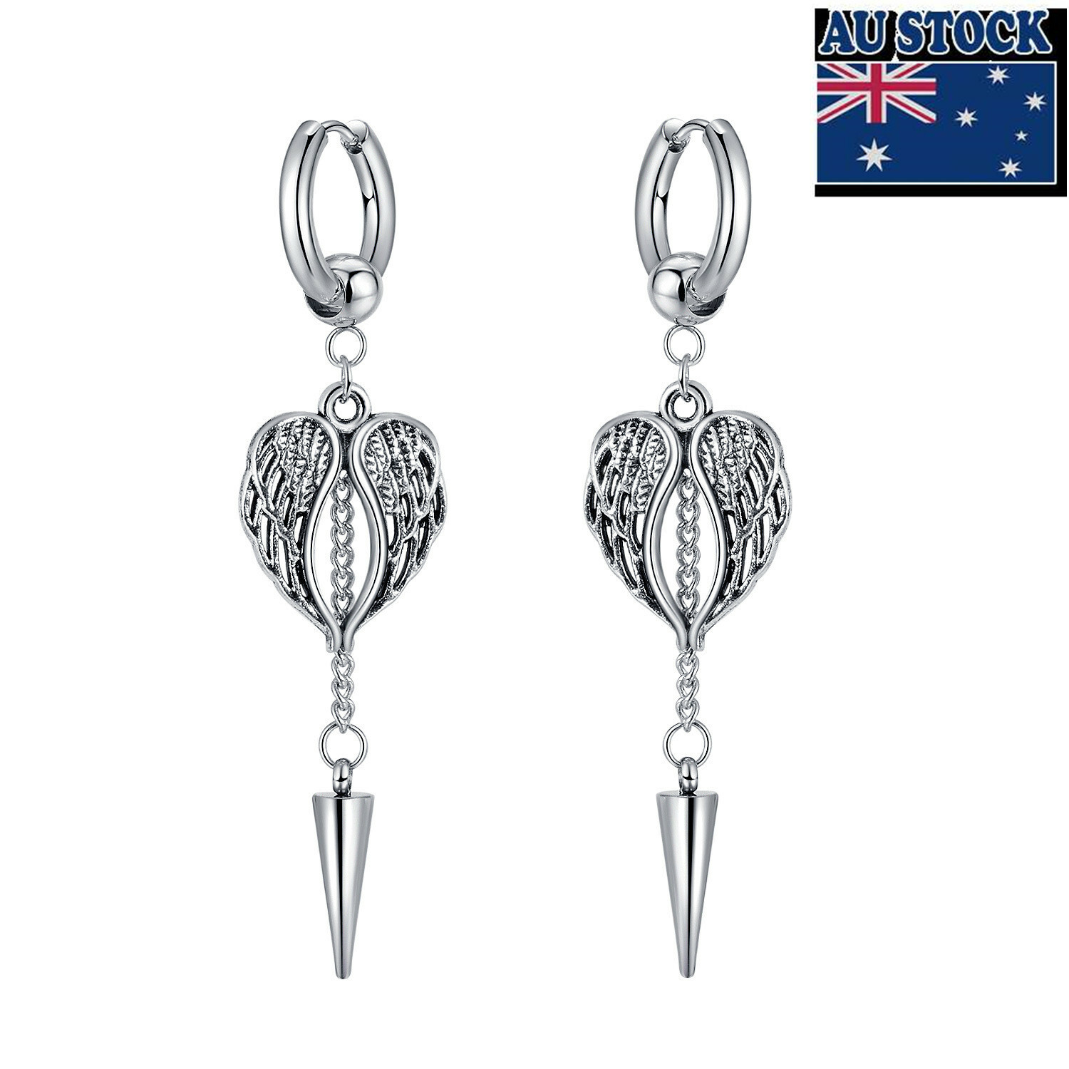 Man Woman Stainless Steel Wing Cone Taper Tassel Earring Clip Dangle Drop 2 PCS