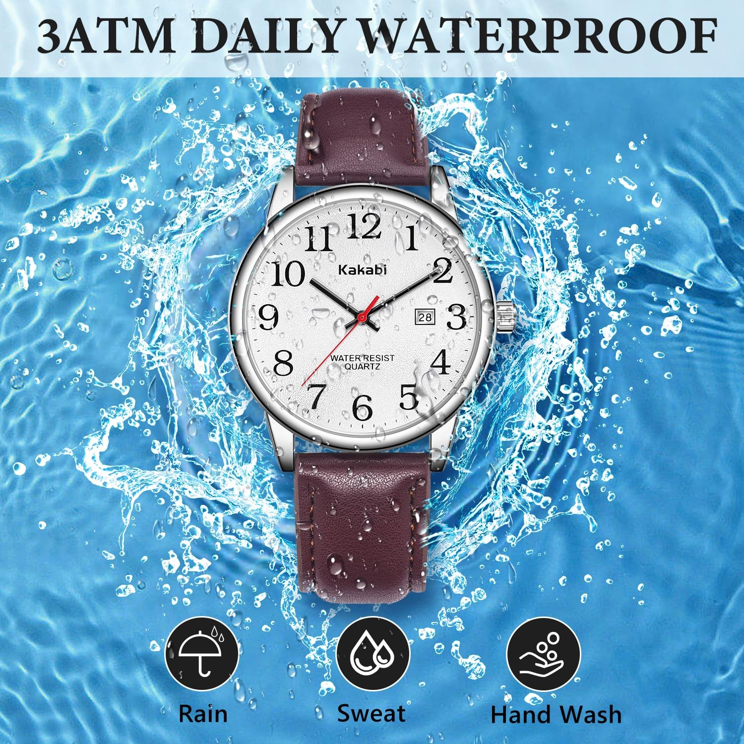 Kakabi Watch for Men, Easy Reader Unisex 03-Reddish-brown/Silver-Tone/White