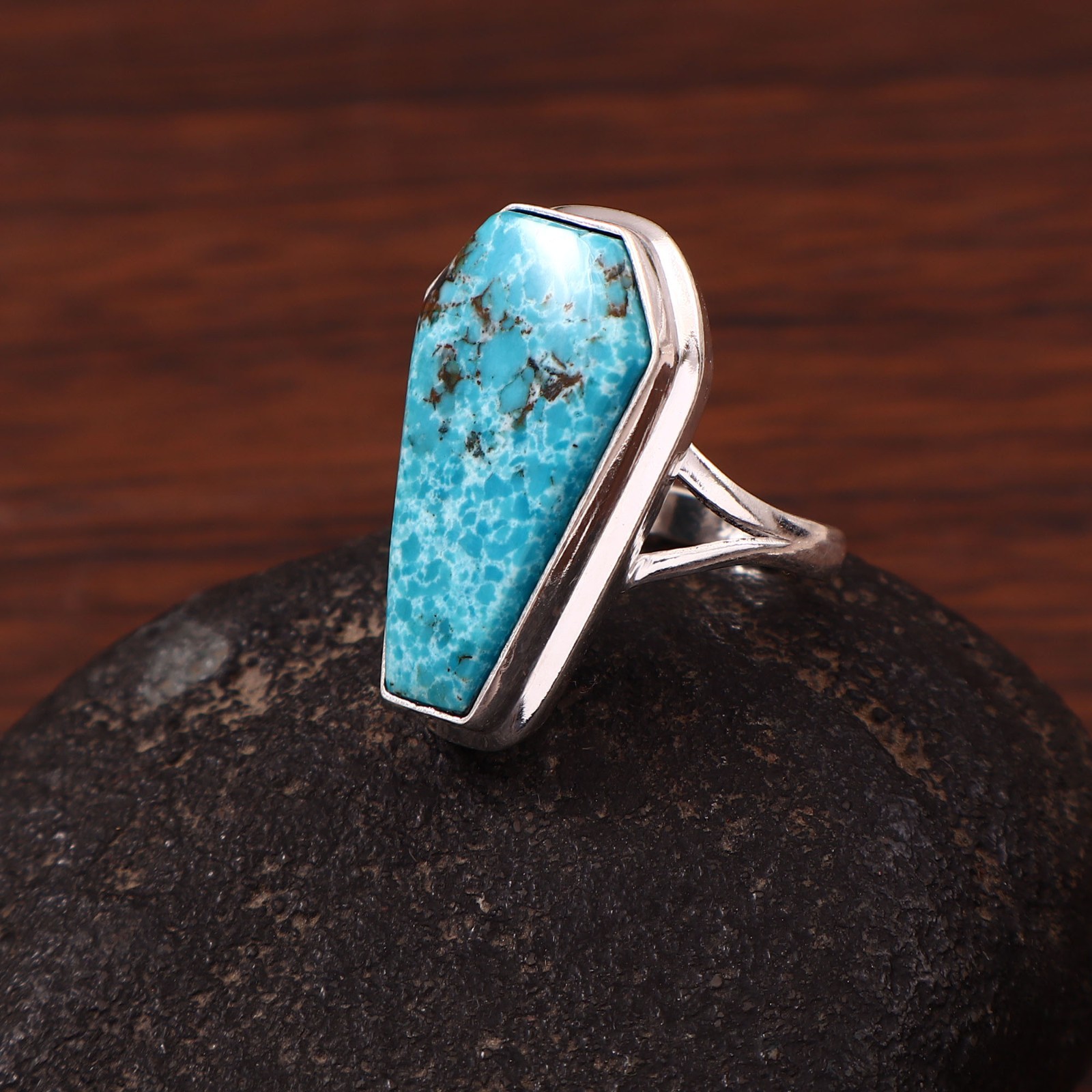 Natural Turquoise Coffin Ring, 925 Sterling Silver Statement Ring