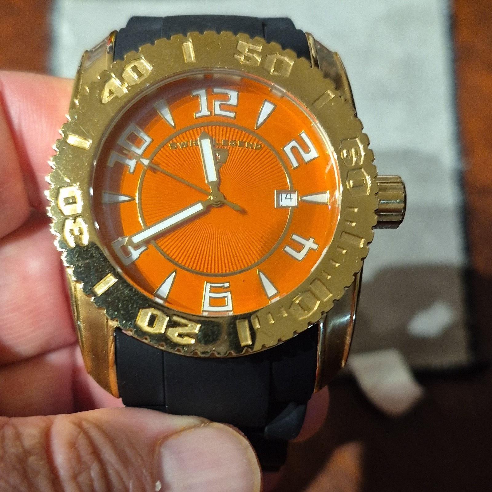 Swiss Legend Commander Men’s 45mm Quartz 100m Orange Dial Gold Case Date