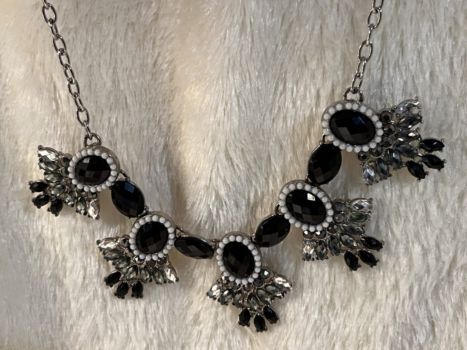 Glam Black & White Rhinestone & Bead Cluster Statement Necklace, Prom, Dance New