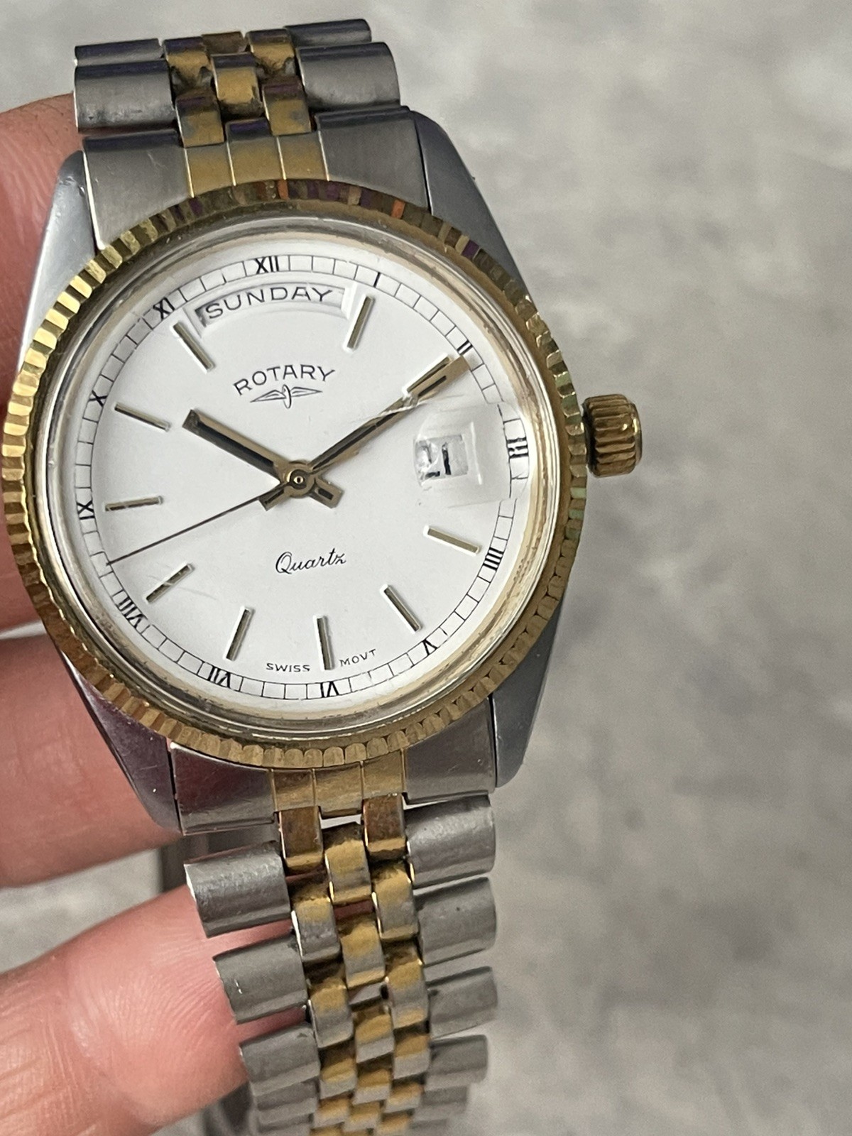 Rotary 3638 Two-tone Swiss Quartz Watch Bracelet Swiss Movt Day Date Men’s 1043