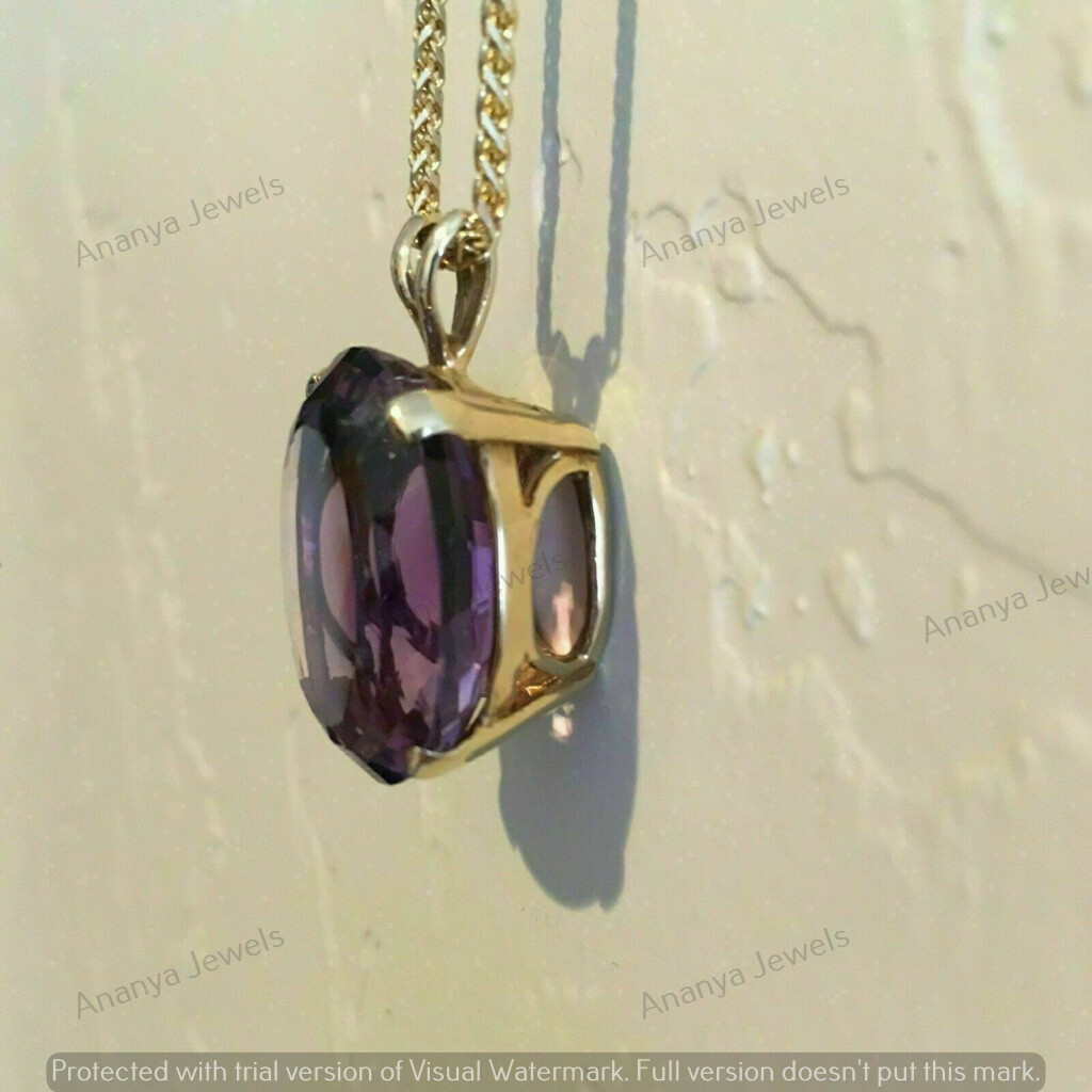 3CT Oval Purple Amethyst Solitaire Pendant Necklaces Real 14K Yellow Gold Plated