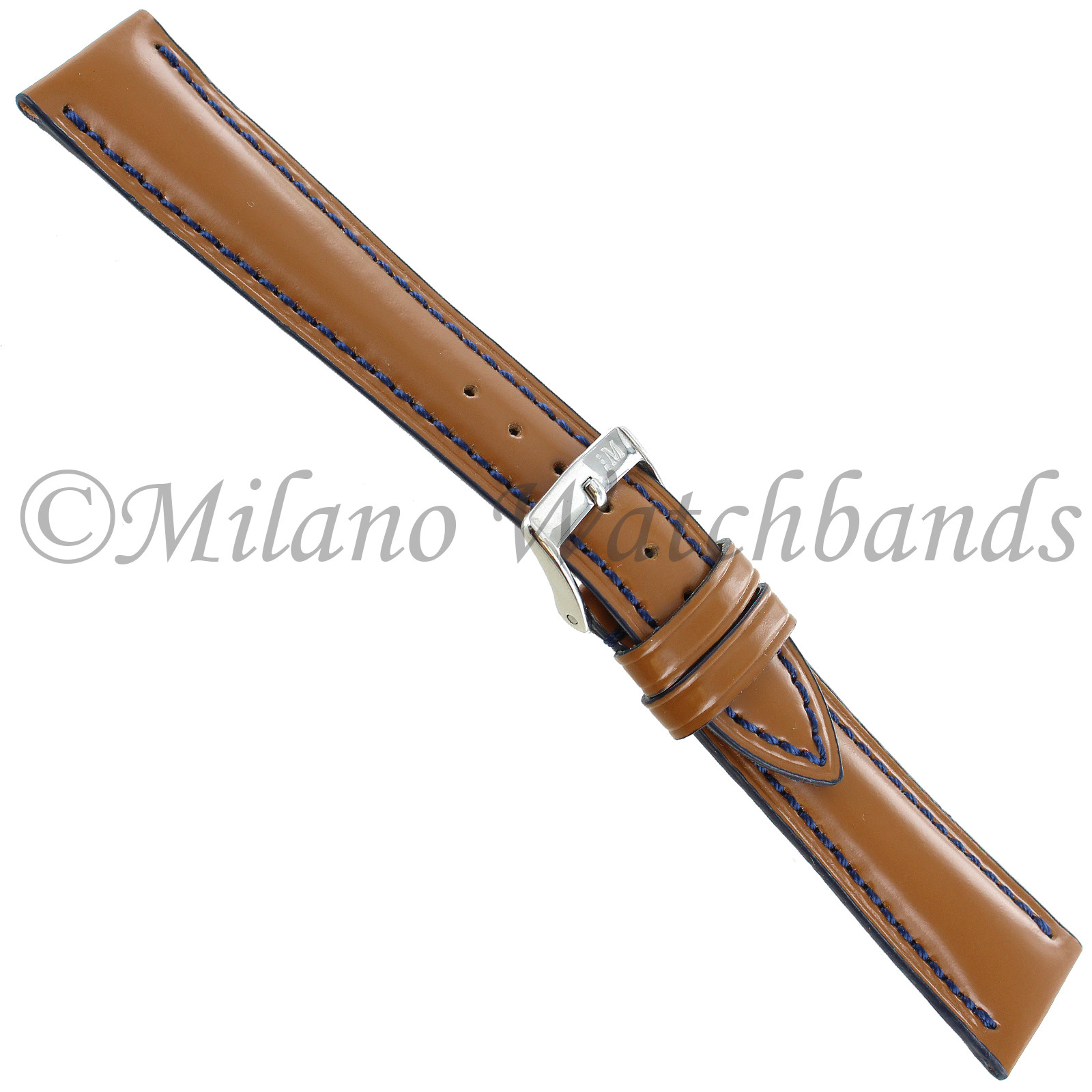 20mm Milano Tan British Shiny Genuine Calfskin Leather Navy Stitched Watch Band