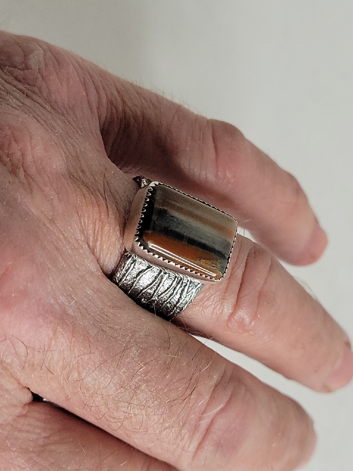 Petrified Wood Sterling Silver Ring Size 11-1/2 Signed 18.5g Carved Tufa Cast