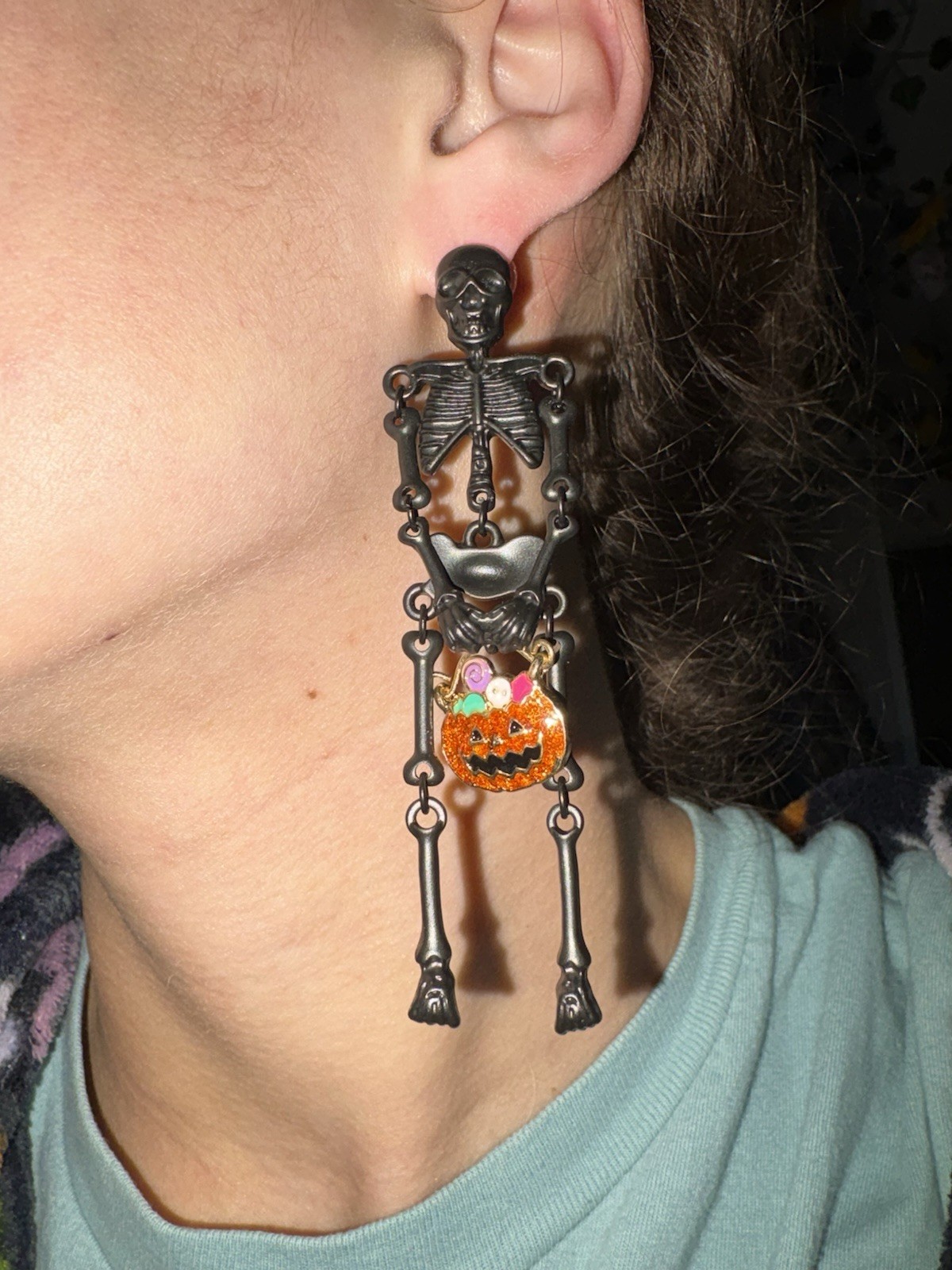 Halloween Skeleton Dangle Earrings Black Orange Novelty Plastic Resin