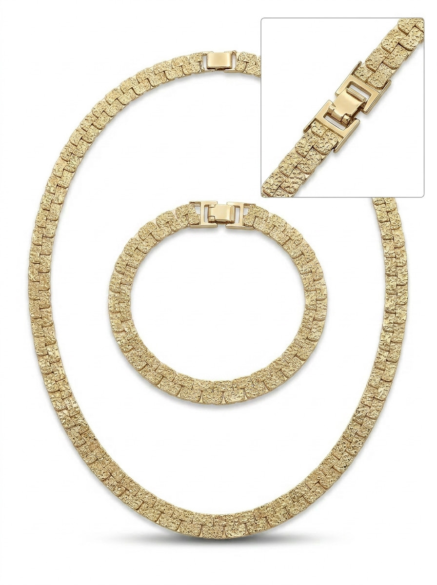 14k Heavy Plated Gold Nugget Chain Necklace & Bracelet 7mm Flat Necklace, Unisex