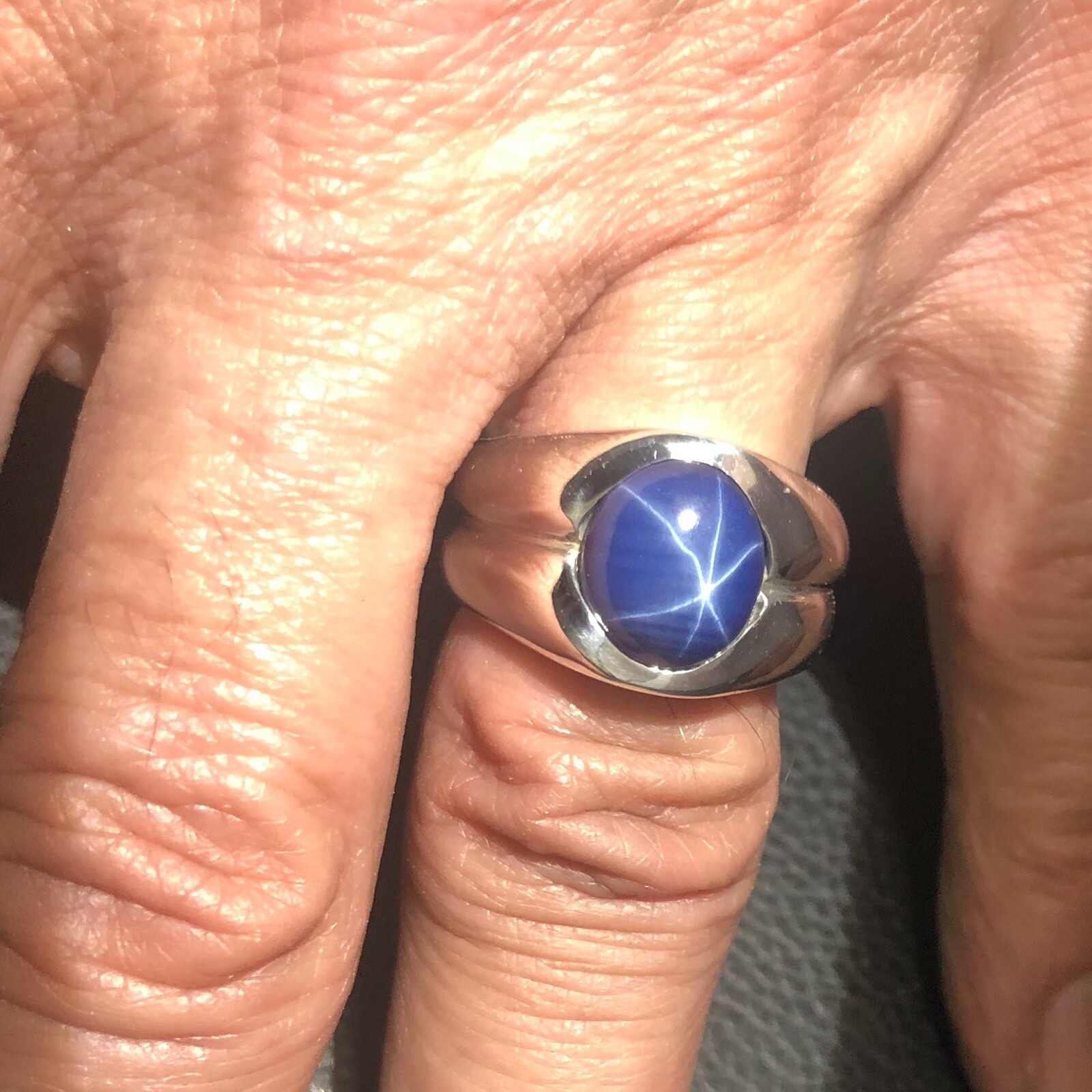 MJG STERLING SILVER MEN’S RING.12 X 10mm LAB CREATED BLUE STAR SAPPHIRE. SZ 9+