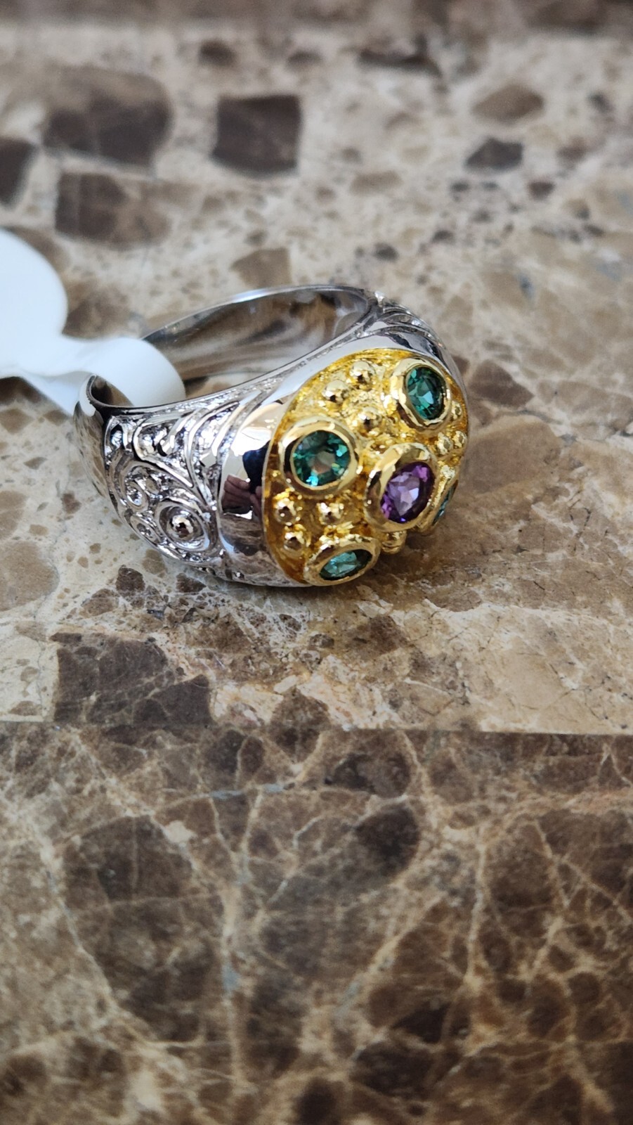 New gold silver plated brass cz 5 stone green purple stones bezel set size 6