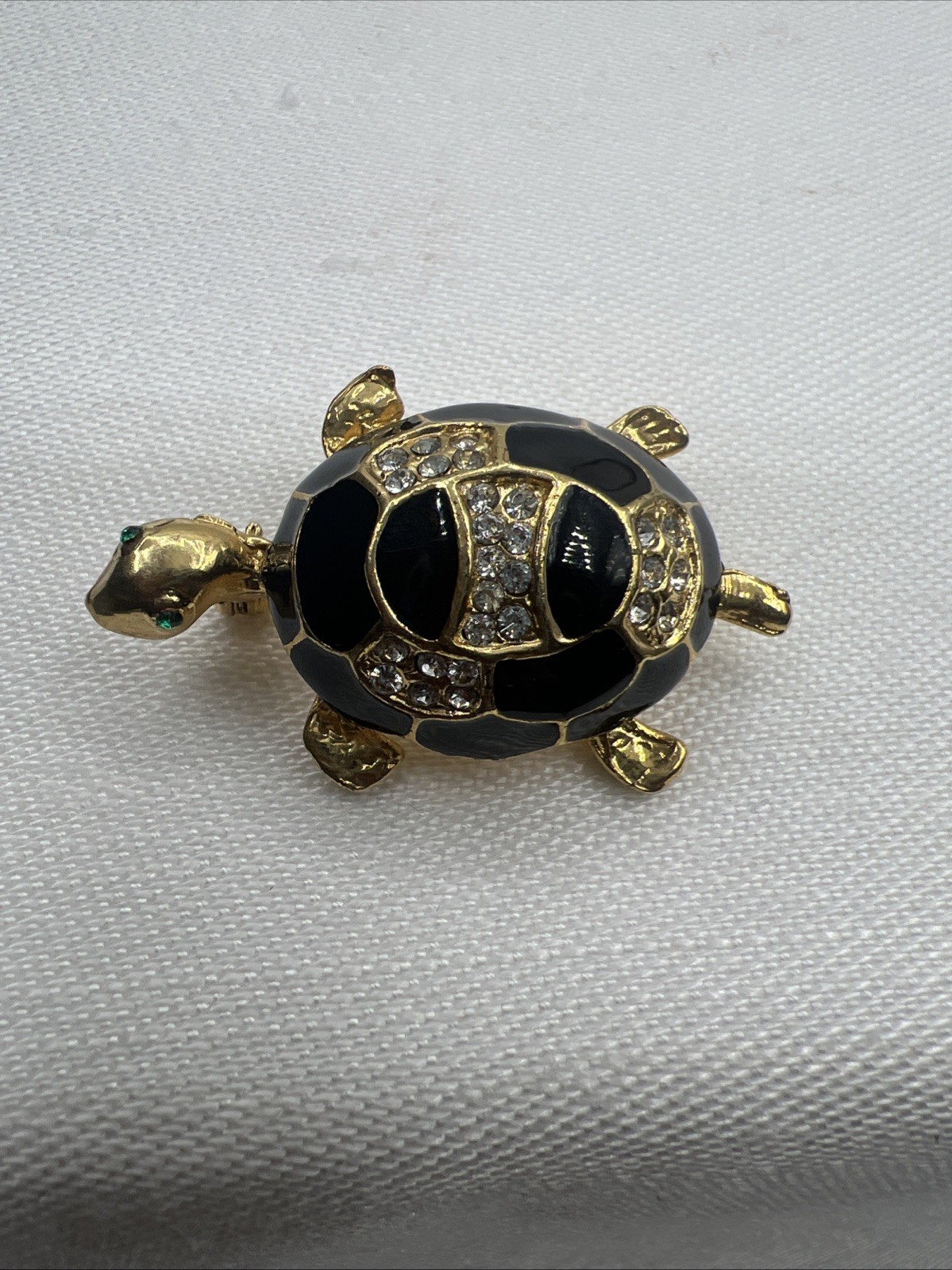 Vintage Turtle Black and Gold Tone Rhinestone and Enamel Brooch Pin Green Eyes