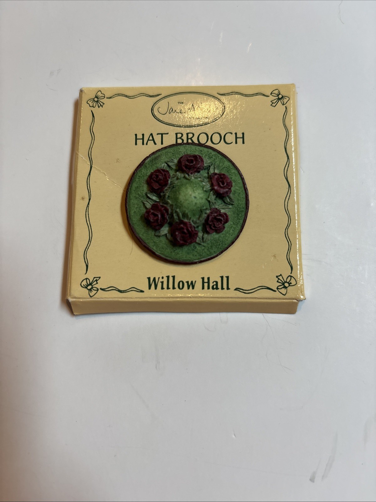 Vintage Jane Asher Hat Brooch Green Red Rose Floral Pin Willow Hall New On Card⁠