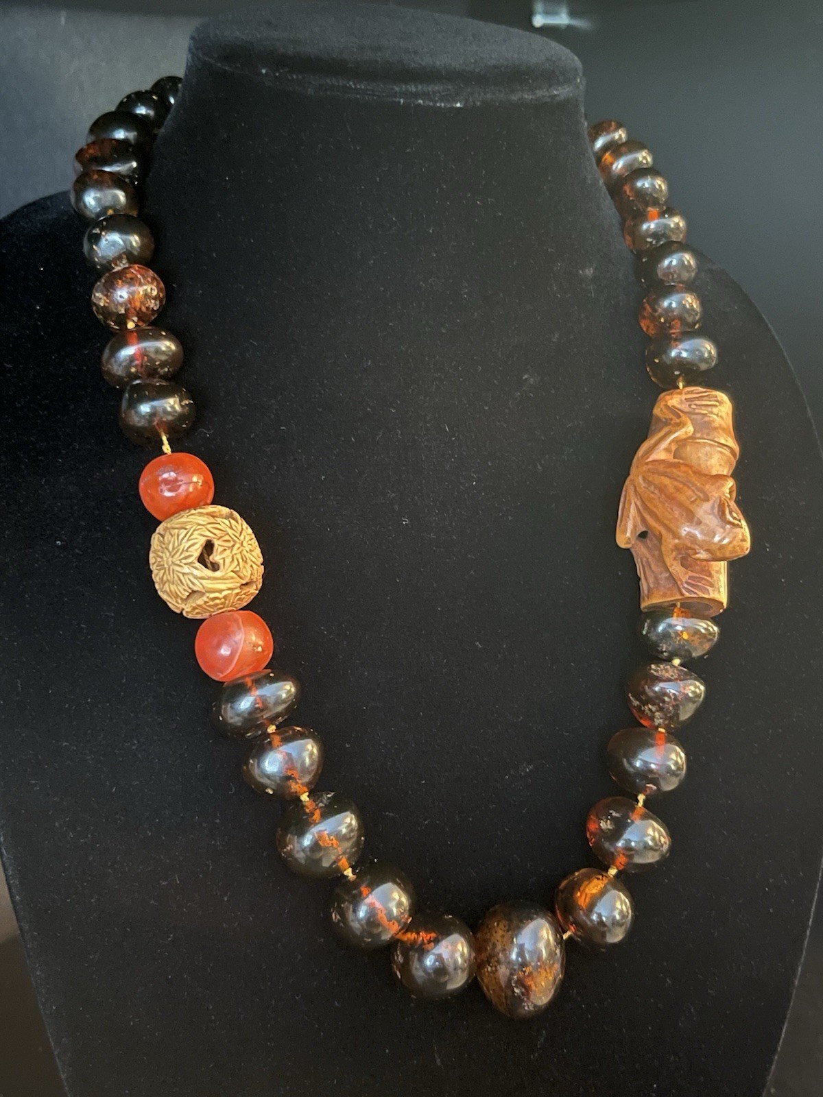 Baltic Amber Beaded Necklace Tied Nylon Cord with Carved Wood Frog/Floral Beads