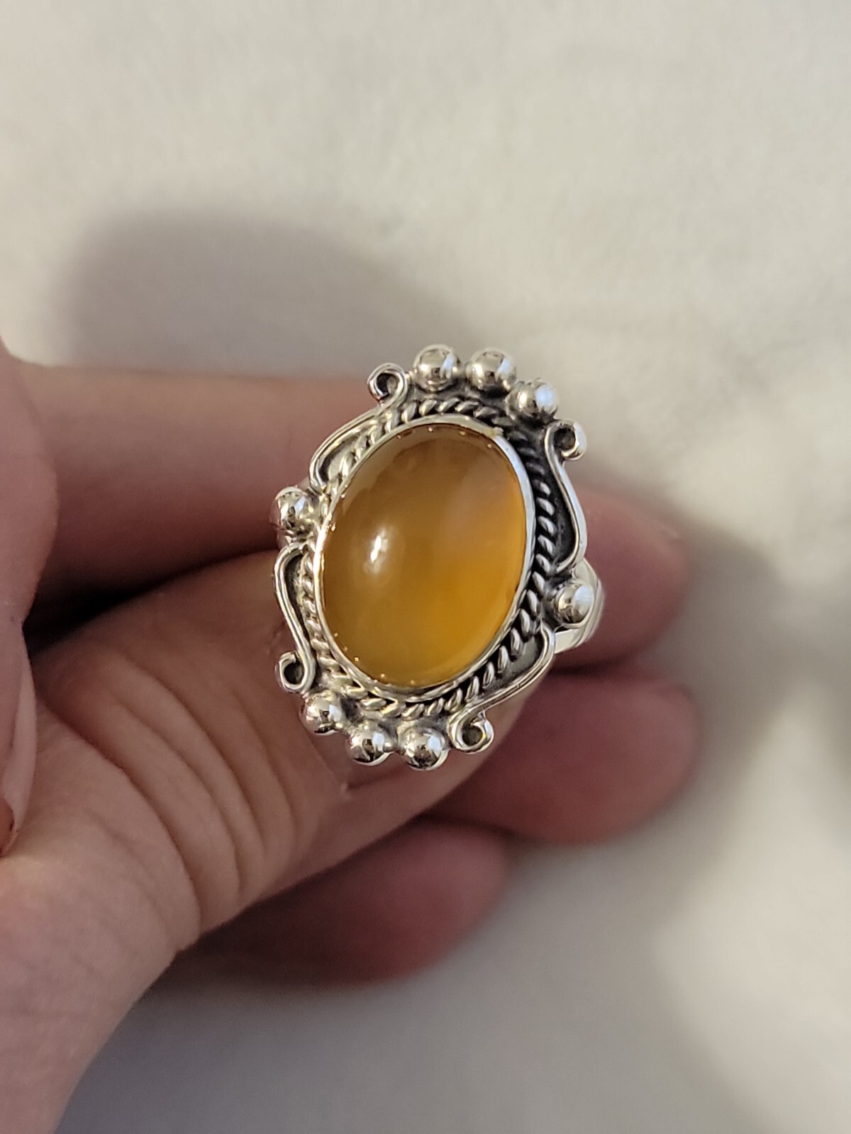 Amber Egg Yolk Chalcedony Ring Sterling Size 8.25 Ornate Design
