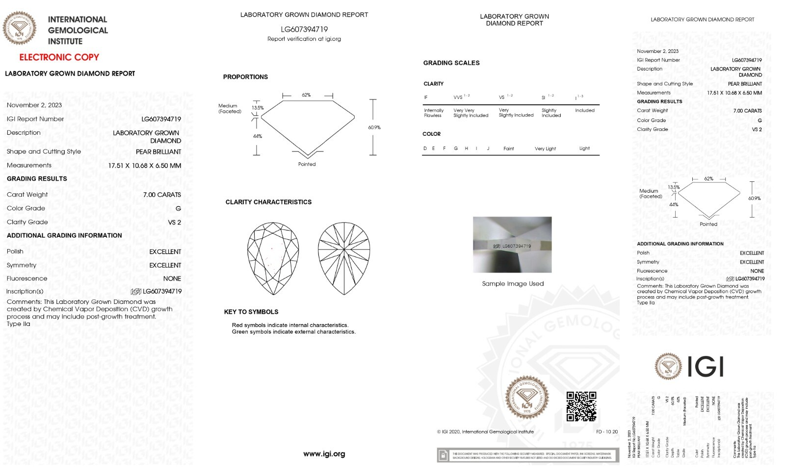 7.00 CARAT PEAR SHAPE IGI Certified G VS2 Lab Grown CVD Diamond