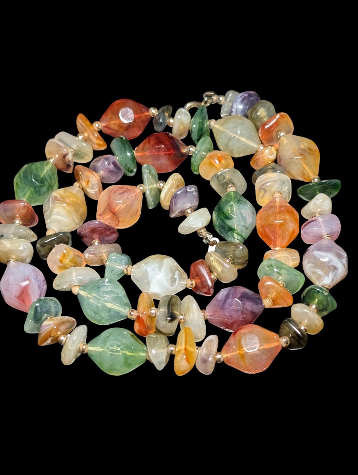 Vintage Retro Lucite Resin Freeform Nugget Bead Necklace Multi Color Agate Look